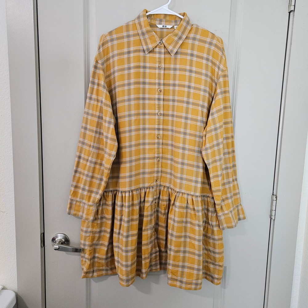 Uniqlo Mustard Yellow Plaid Flannel Button Down Shirt Dress Pockets Large